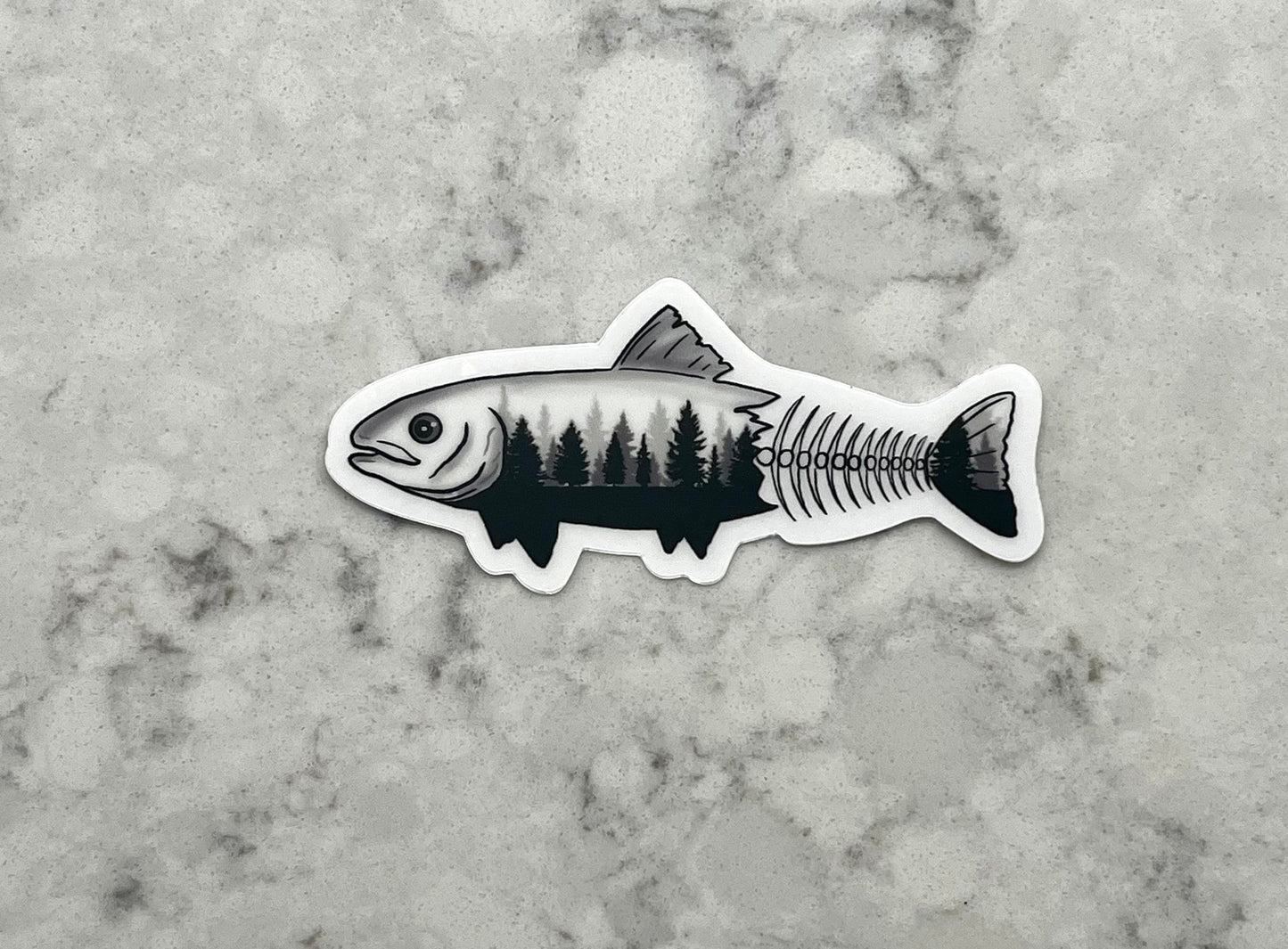 3” Waterproof Sticker Fish Fishing Mountains Monochromatic Black and White Digital Drawing Stickers for Water Bottles Laptop Kindle