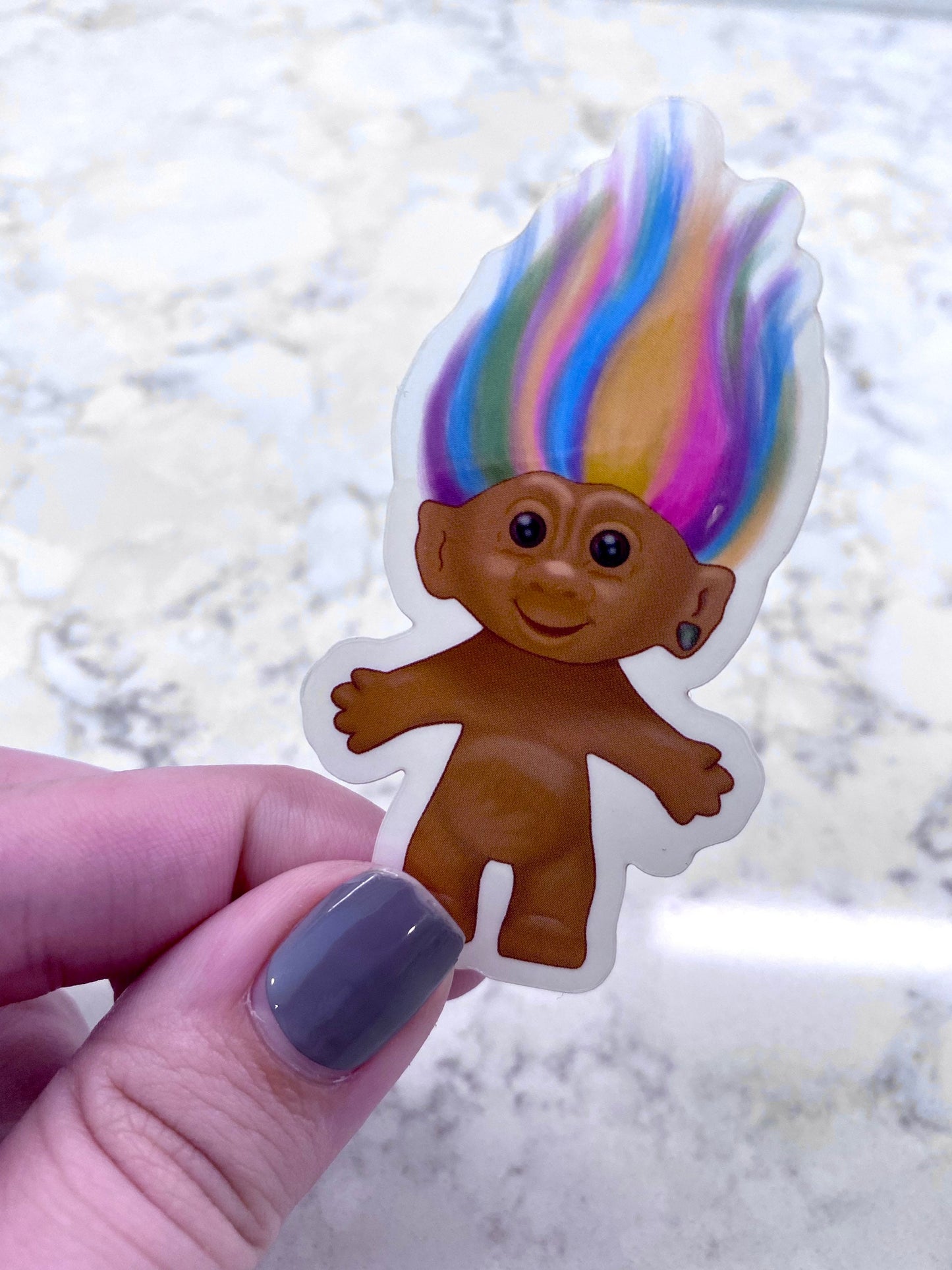 3” Vinyl Clear Sticker Troll Doll Drawing 80’s 90’s Nostalgia Rainbow Troll